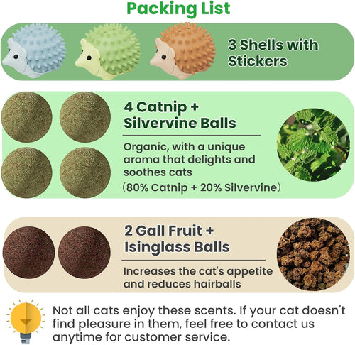 6 Pcs Catnip Ball Toys with Rubbing Shell, Lickable Roller Catnip Toys for Cats Chew, Edible and Refillable Kitten Toys, Teeth Cleaning Dental Indoor Cat Treats Toys, 3 Shells 6 Balls